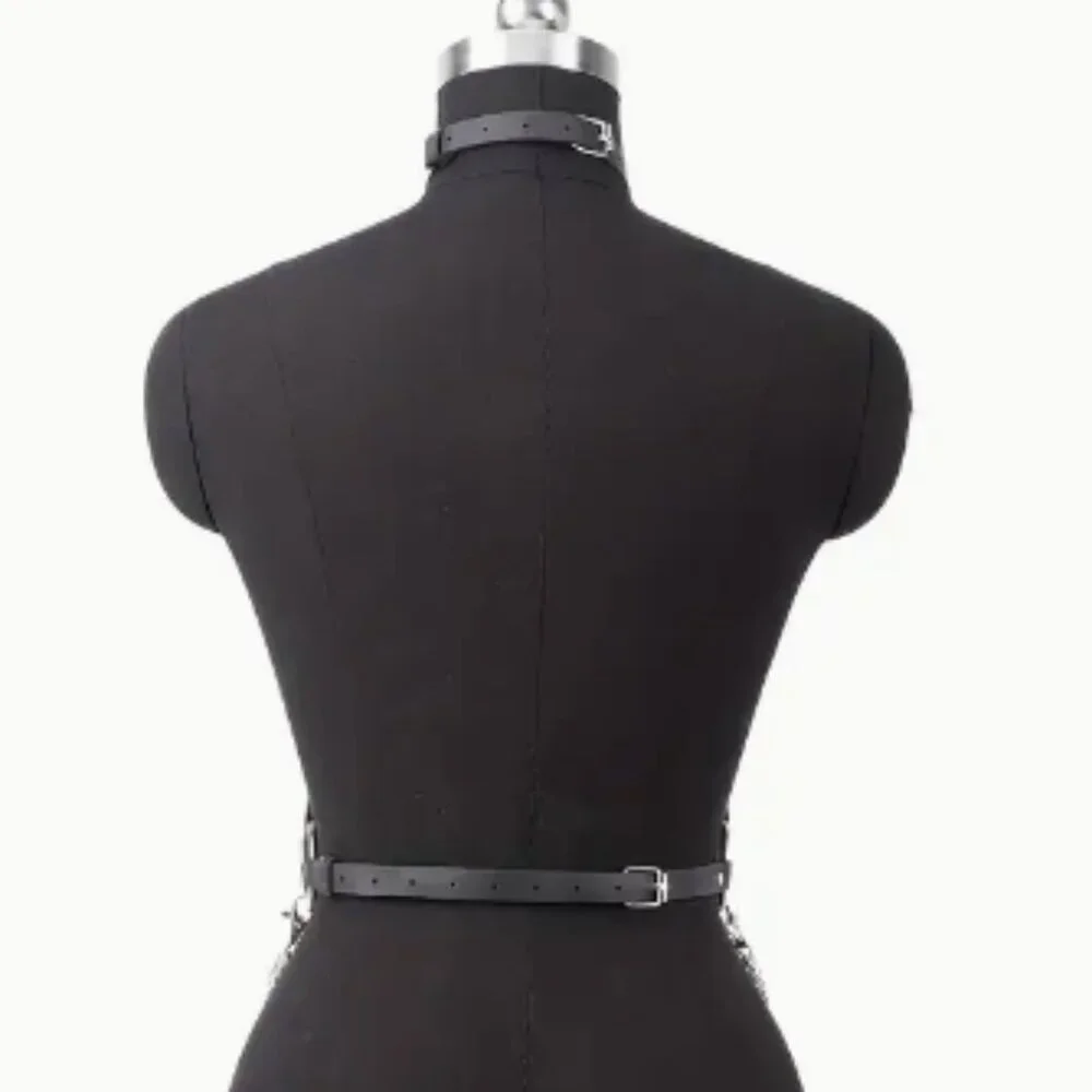 PU Leather Draped Layered Chain Choker Harness